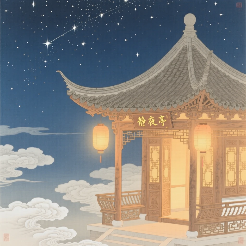 A lone pavilion glowing warmly beneath a starlit sky, with wisps of cloud drifting past the stars