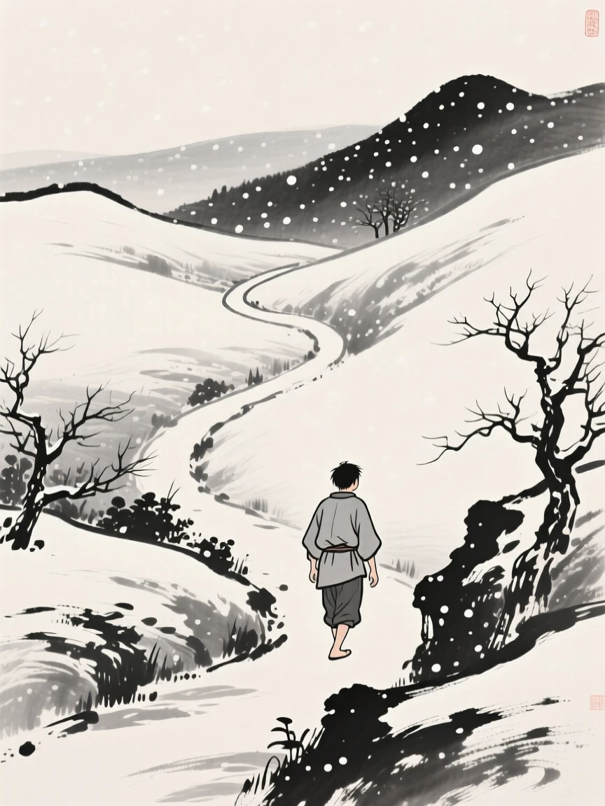 A young farmer walking slowly along a mountain path in a quiet garden beneath falling snow, seen from behind, gazing out toward the horizon, suggesting harmony between people and their surroundings.