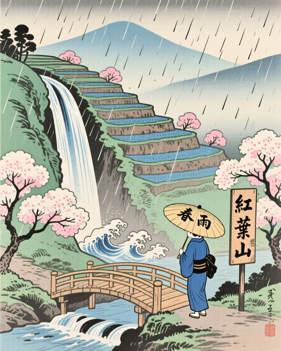 A terraced hillside, beside a cascading waterfall, during a gentle spring rain.