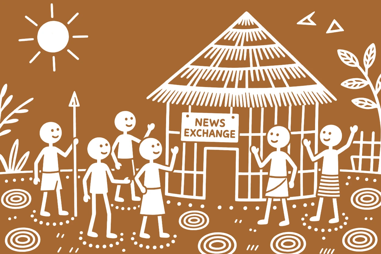 A group of neighbors sharing news of the day near a thatched-roof granary.