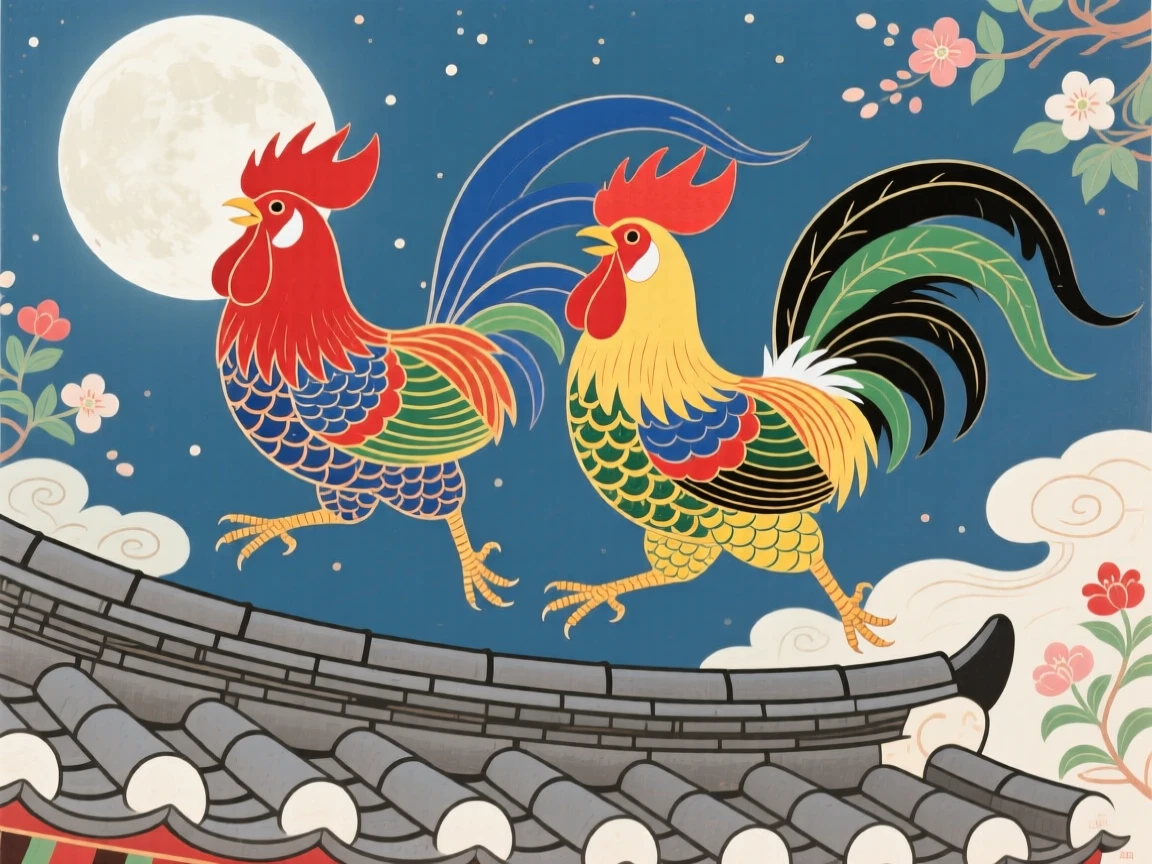A pair of roosters gliding together on a moonlit rooftop.