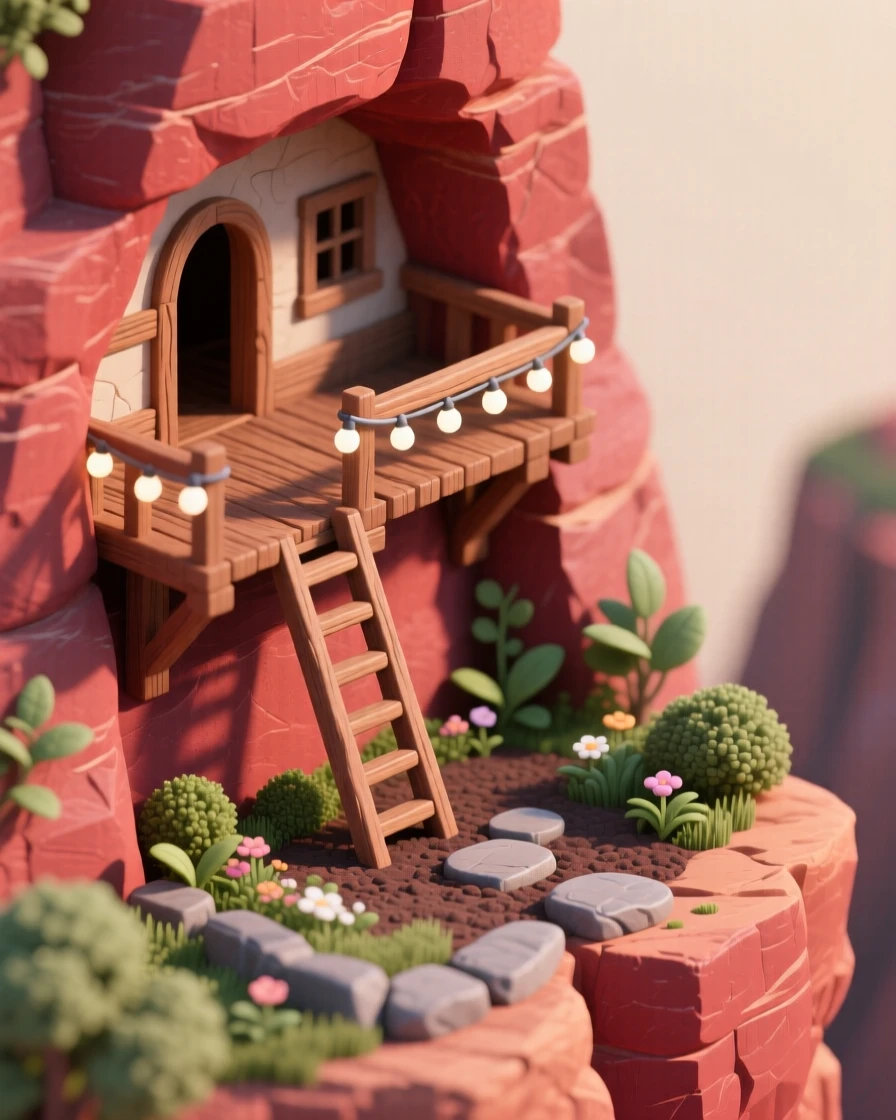 A cliffside cave dwelling carved into red sandstone, with a wooden balcony jutting out over the canyon, string lights strung along the edge, and a ladder leading down to a garden terrace.