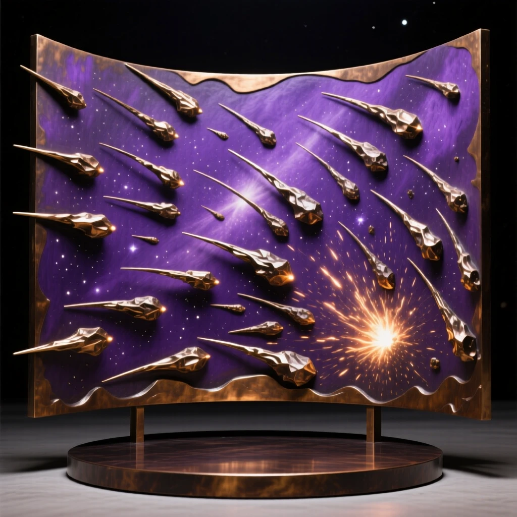 A meteor shower blazing across a deep purple sky, rendered with vast cosmic scale and radiant color, evoking wonder at the universe