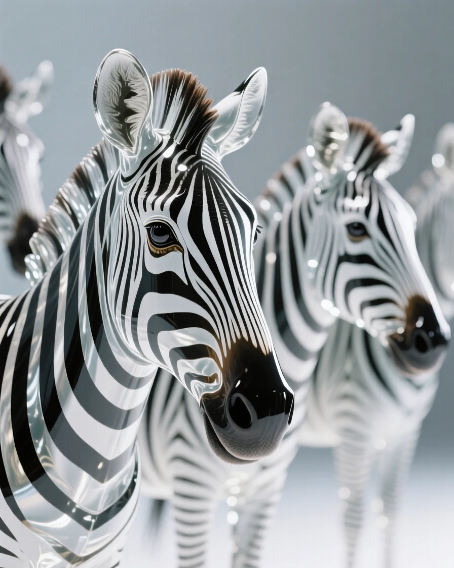A close-up portrait of a zebra herd, its eyes sharp and expressive, framed by soft bokeh foliage, radiating quiet dignity.