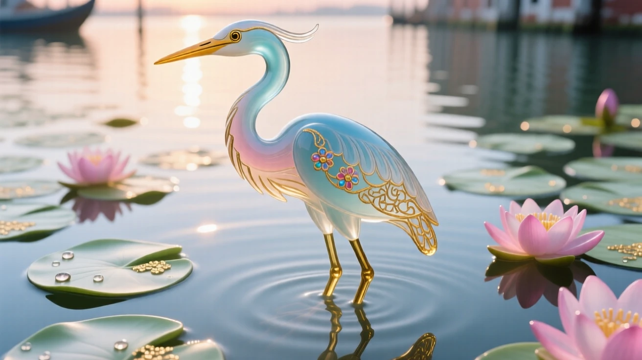 A heron standing motionless in a lily-covered pond at dawn, tranquil and poised.
