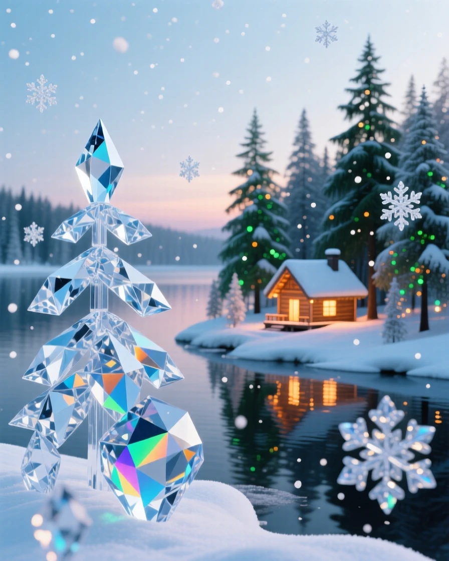 A quiet snowfall over a pine forest lake at dusk, warm cabin light glowing on the shore.