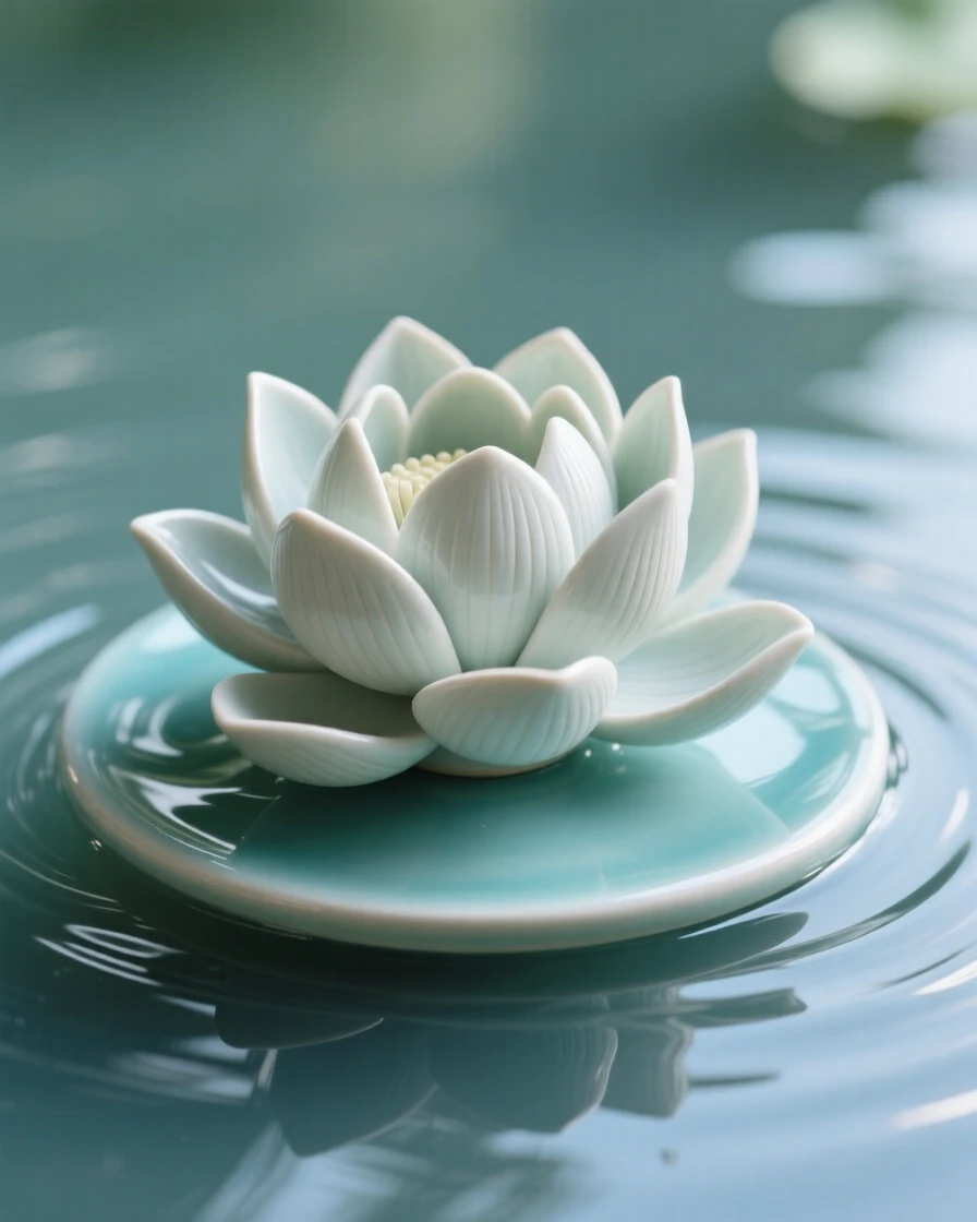 A delicate lotus floating atop still water caught mid-sway in a gentle breeze, bathed in soft, dappled morning light, evoking fragile beauty and quiet renewal.