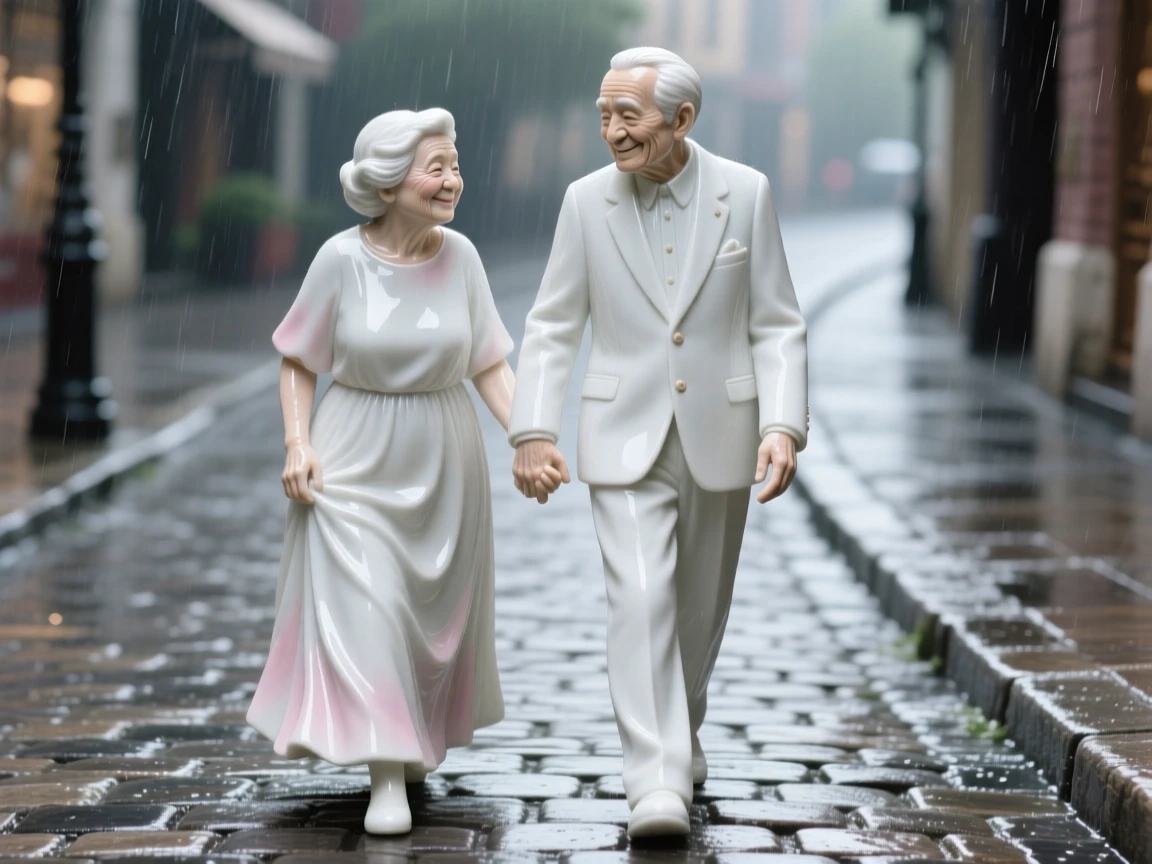 A tender scene of an elderly couple walking hand in hand along a path in a rain-kissed city street, light catching the folds of her dress.