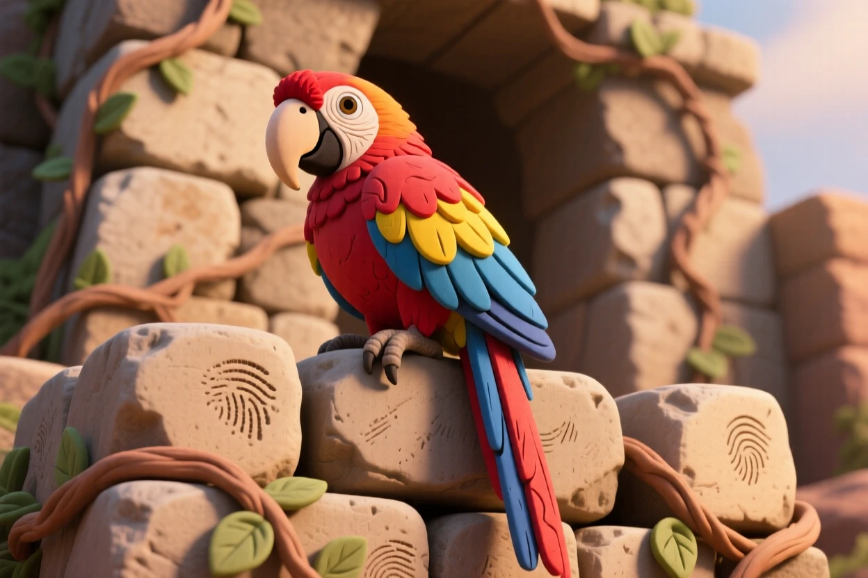 A macaw perched on an ancient stone ruin covered in vines