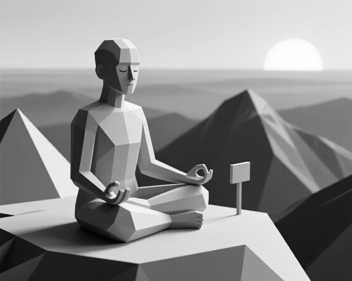 A person meditating quietly at sunrise, atop a mountain overlook. a shallow depth of field keeps focus on the subject's face. The atmosphere feels calm and reflective.