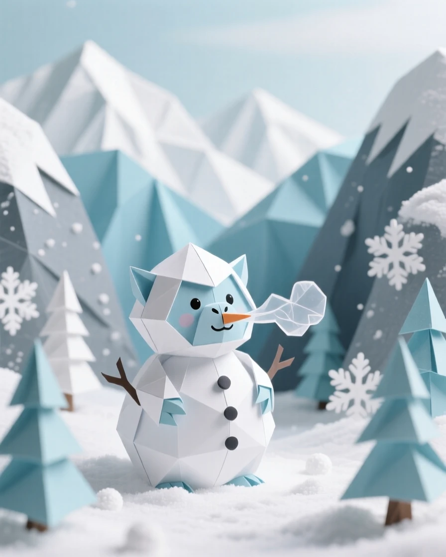 A baby yeti building a tiny snowman in a snowy mountain hollow, breath visible in the cold air.