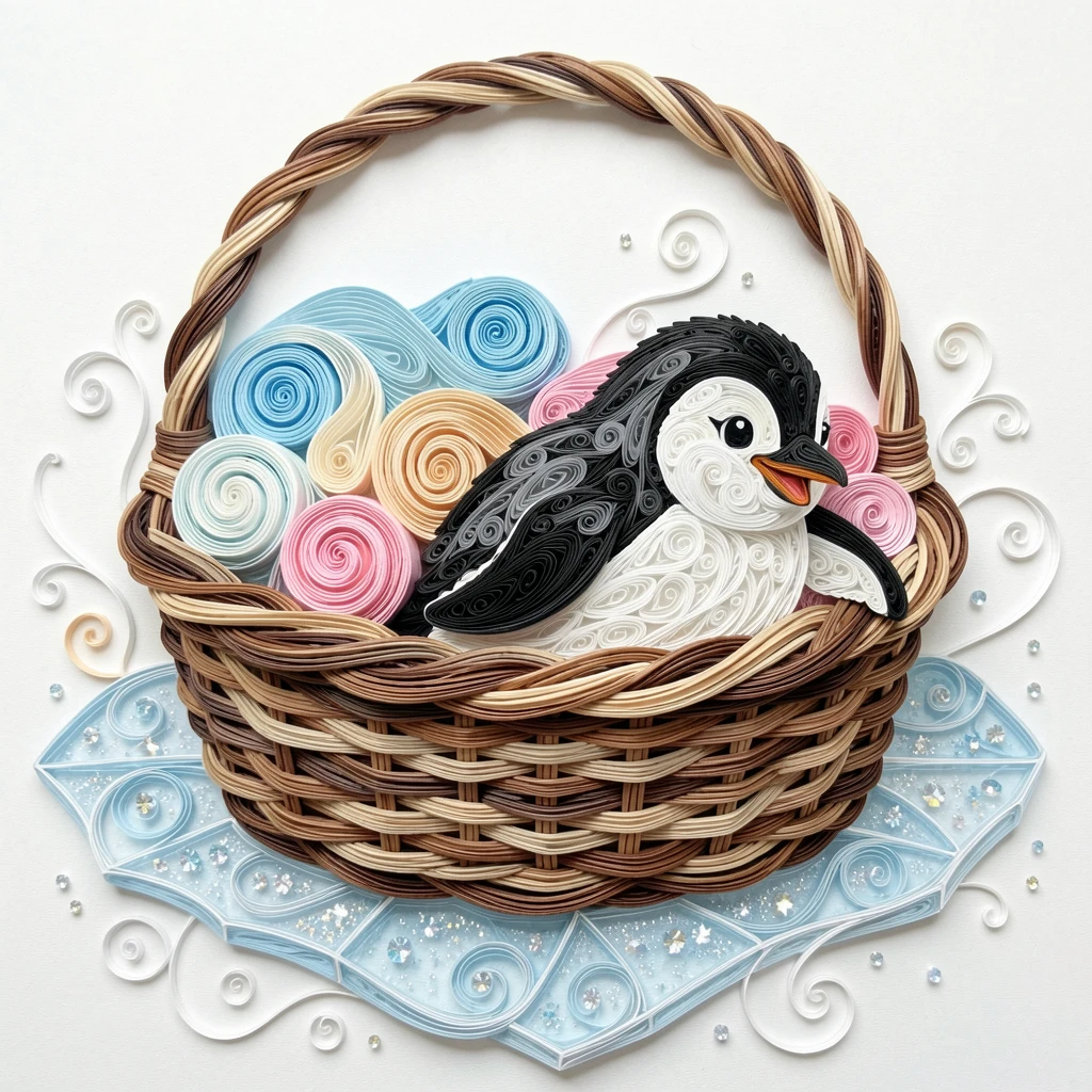 a baby penguin sliding on its belly across ice inside a wicker basket lined with soft blankets, with tiny sparkling highlights catching the light, captured mid-motion with a joyful, candid feel.