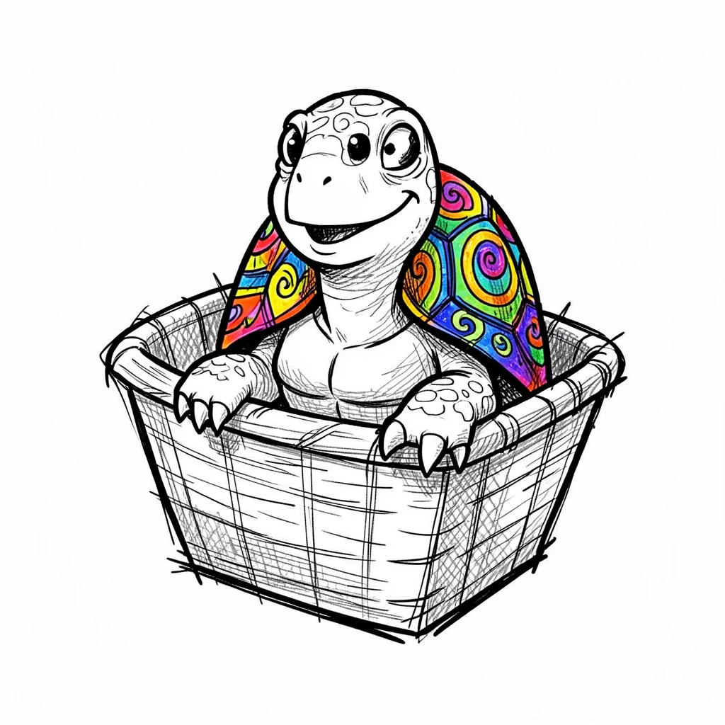 A turtle with a painted shell riding in a bicycle basket.