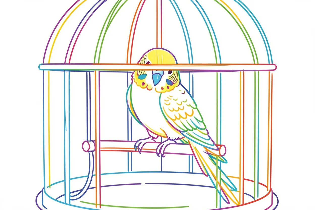 A parakeet preening its feathers on a swing inside a sunlit cage.
