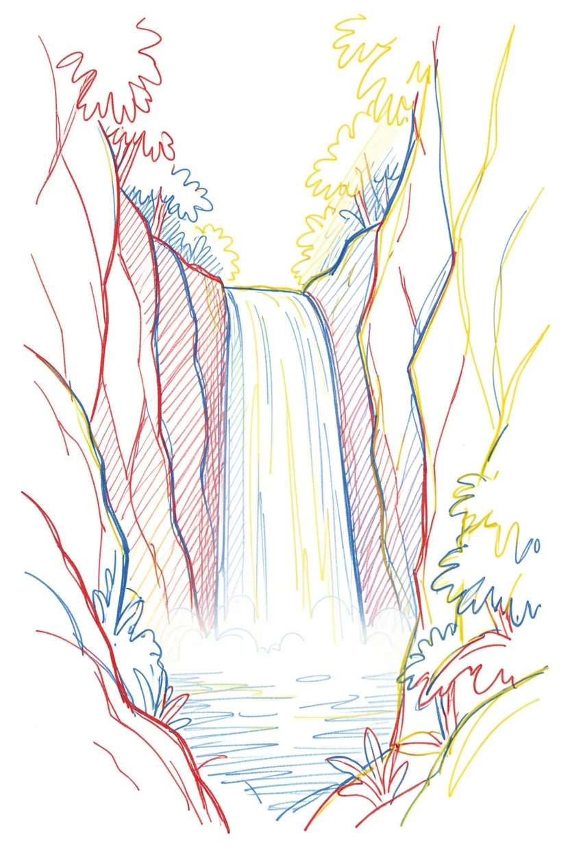 A hidden waterfall tucked deep in a jungle canyon, a rainbow forming in the spray