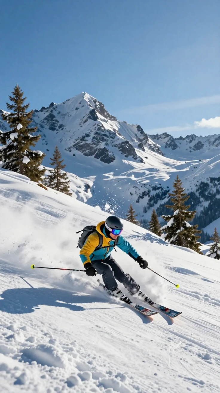 A skier carving fresh tracks down an alpine slope