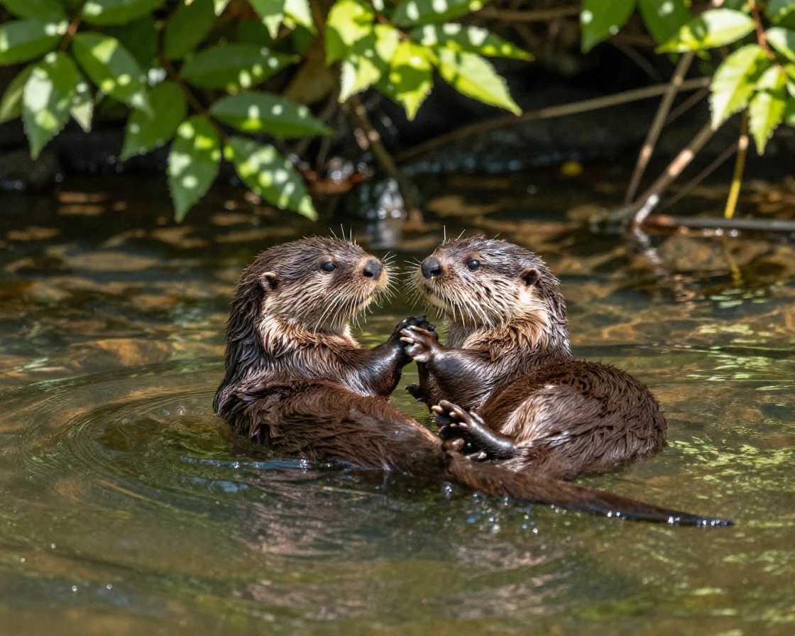 A pair of otters float on their backs holding paws in a calm river current.