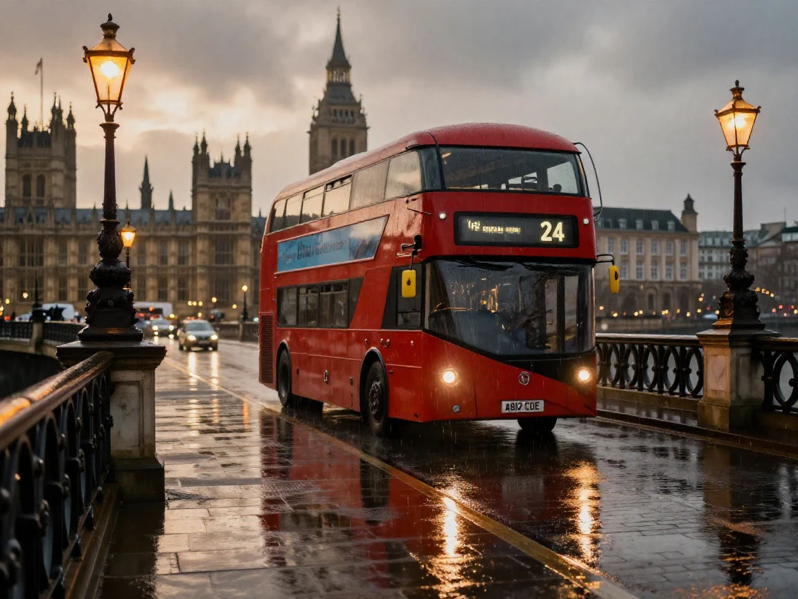 A double-decker bus crossing a historic bridge in a rainy European city