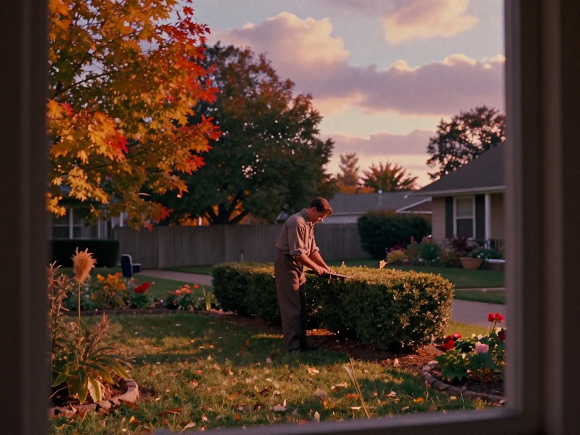 A gardener trimming hedges in a quiet suburban yard, under a glowing sunset sky, under scattered clouds, as autumn leaves turn gold and red, with deep emerald greens and browns, viewed from across the room.