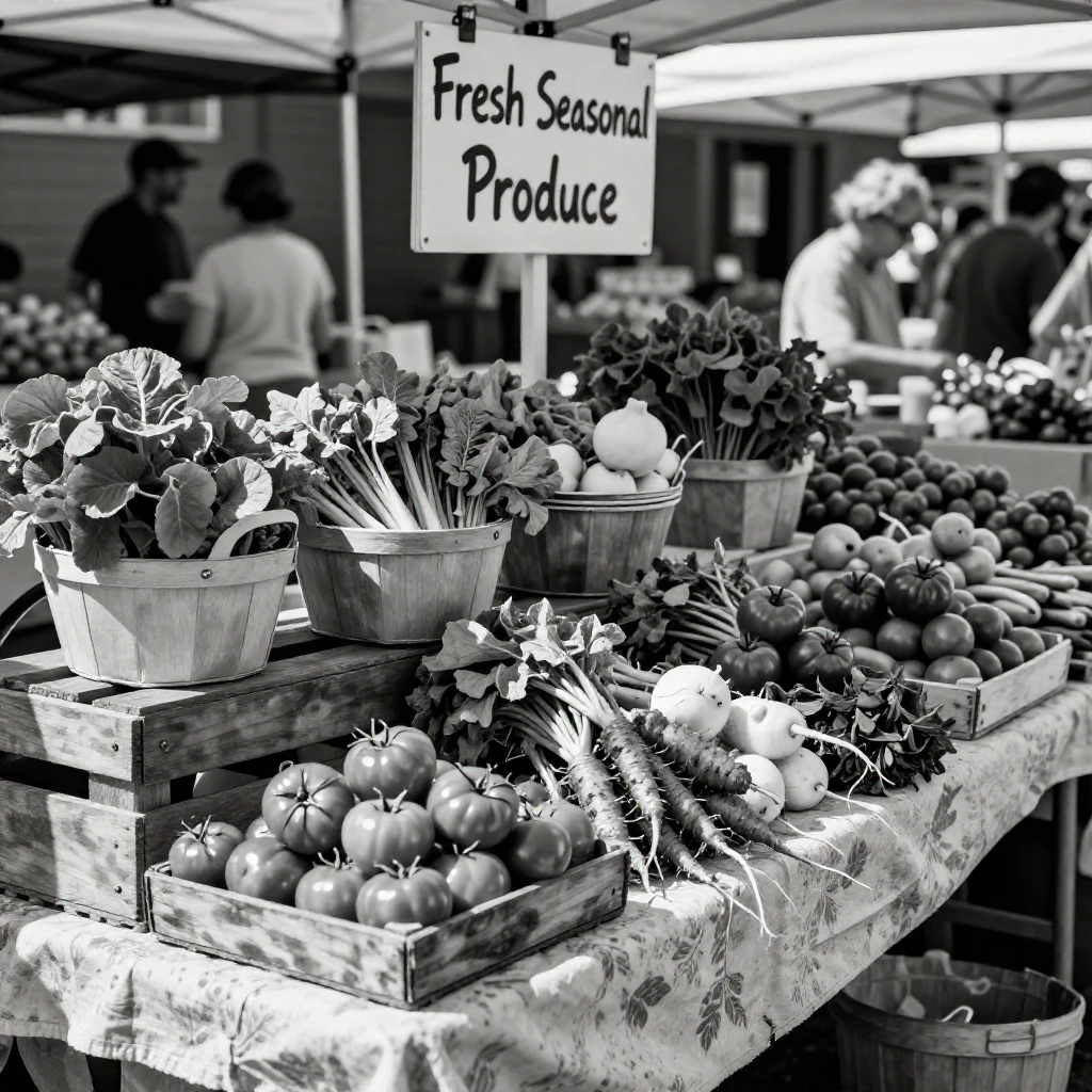 A farmer's market stall overflows with fresh seasonal produce at an outdoor summer market.