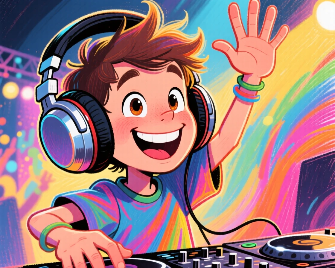 A young DJ with giant headphones half on, one hand raised to the crowd.
