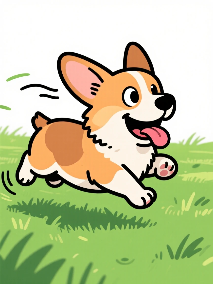 A playful pet moment featuring a tiny corgi with stubby legs sprinting joyfully across a grassy lawn, ears flapping.