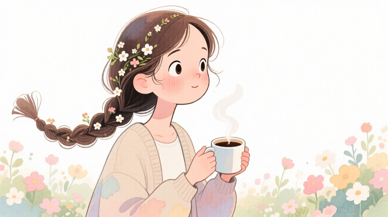 A young woman with tight braids adorned with tiny flowers, gazing thoughtfully into the distance, wearing a cozy oversized cardigan and holding a steaming mug of coffee, in front of a blooming garden