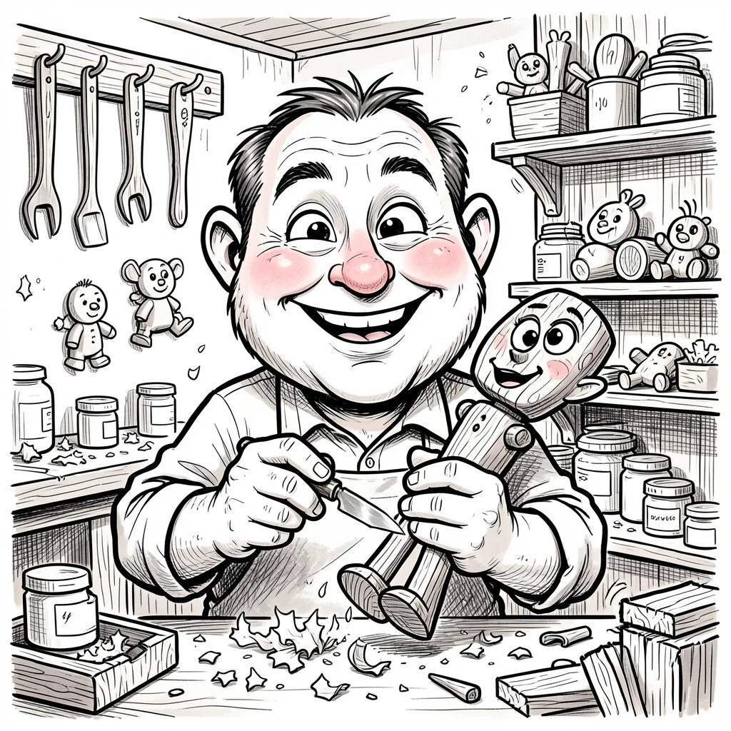 [People Portraits & Characters] Portrait of a jolly toy maker carving a wooden puppet in a cluttered workshop, full of personality and charm