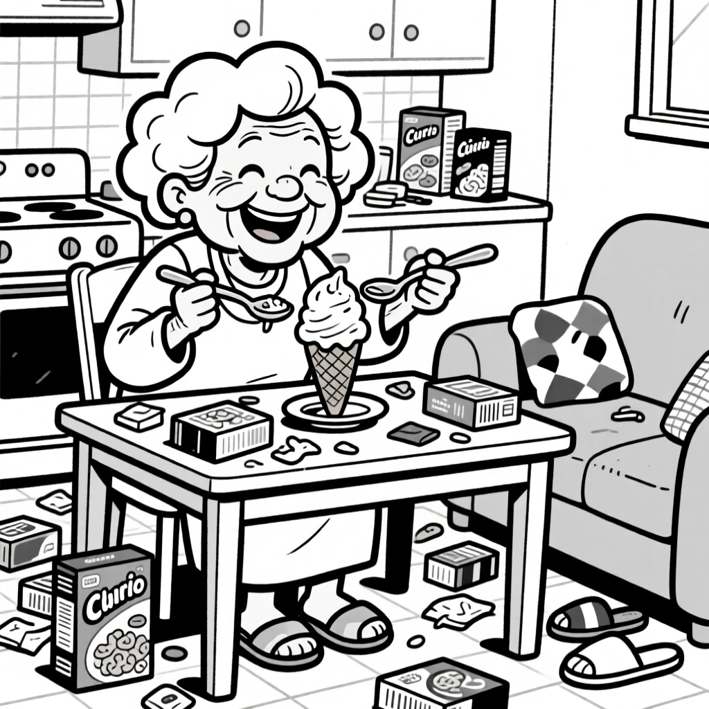 A grandmother with soft curls and a warm smile, sharing one giant scoop of ice cream with two spoons, set at a cluttered kitchen table covered in cereal boxes. Mismatched slippers peek out from under the couch. It feels like a memory worth framing forever.