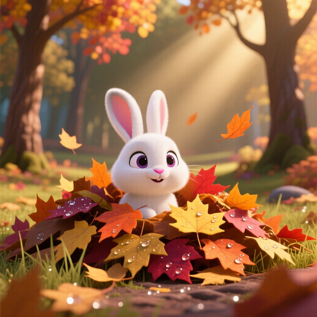 A snow-white bunny is peeking out from a pile of autumn leaves, wiggling its ears at a sound. The scene feels warm and heartwarming, with dew drops glistening nearby.