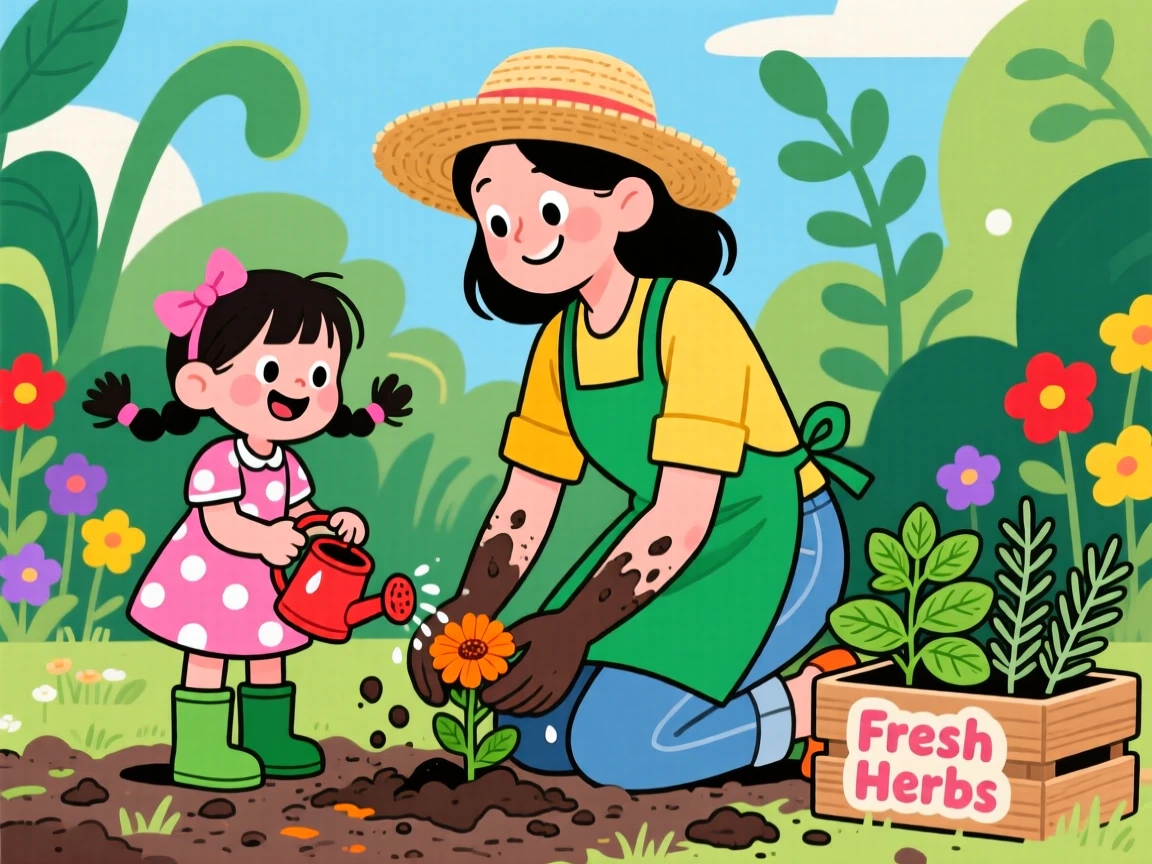 A mother and daughter gardening together, hands covered in soil.