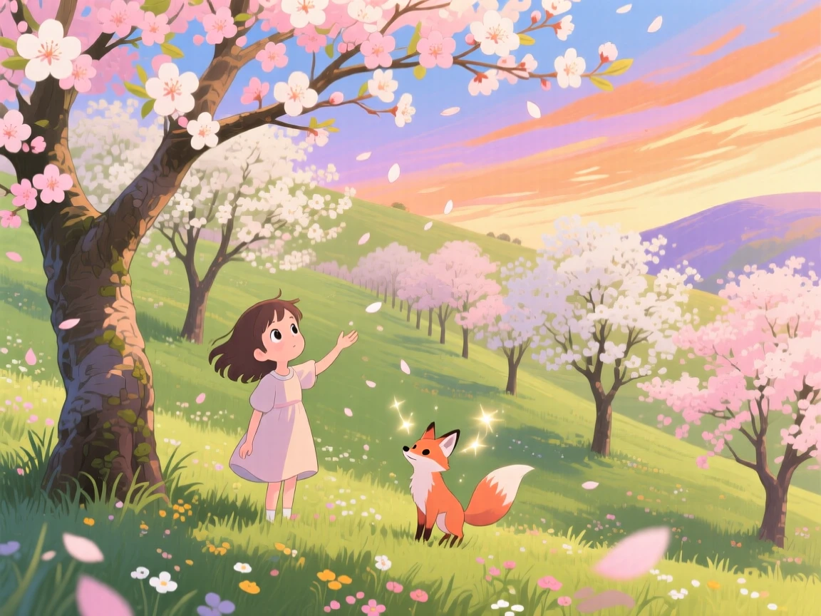 A spring scene of a hillside orchard bursting with pink and white blossoms, under a sky streaked with color.