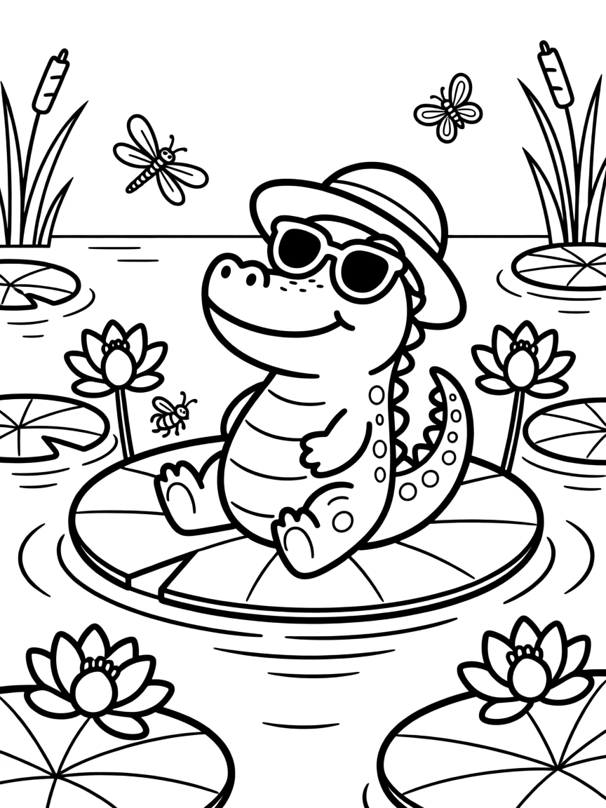 A baby crocodile sunbathing on a lily pad