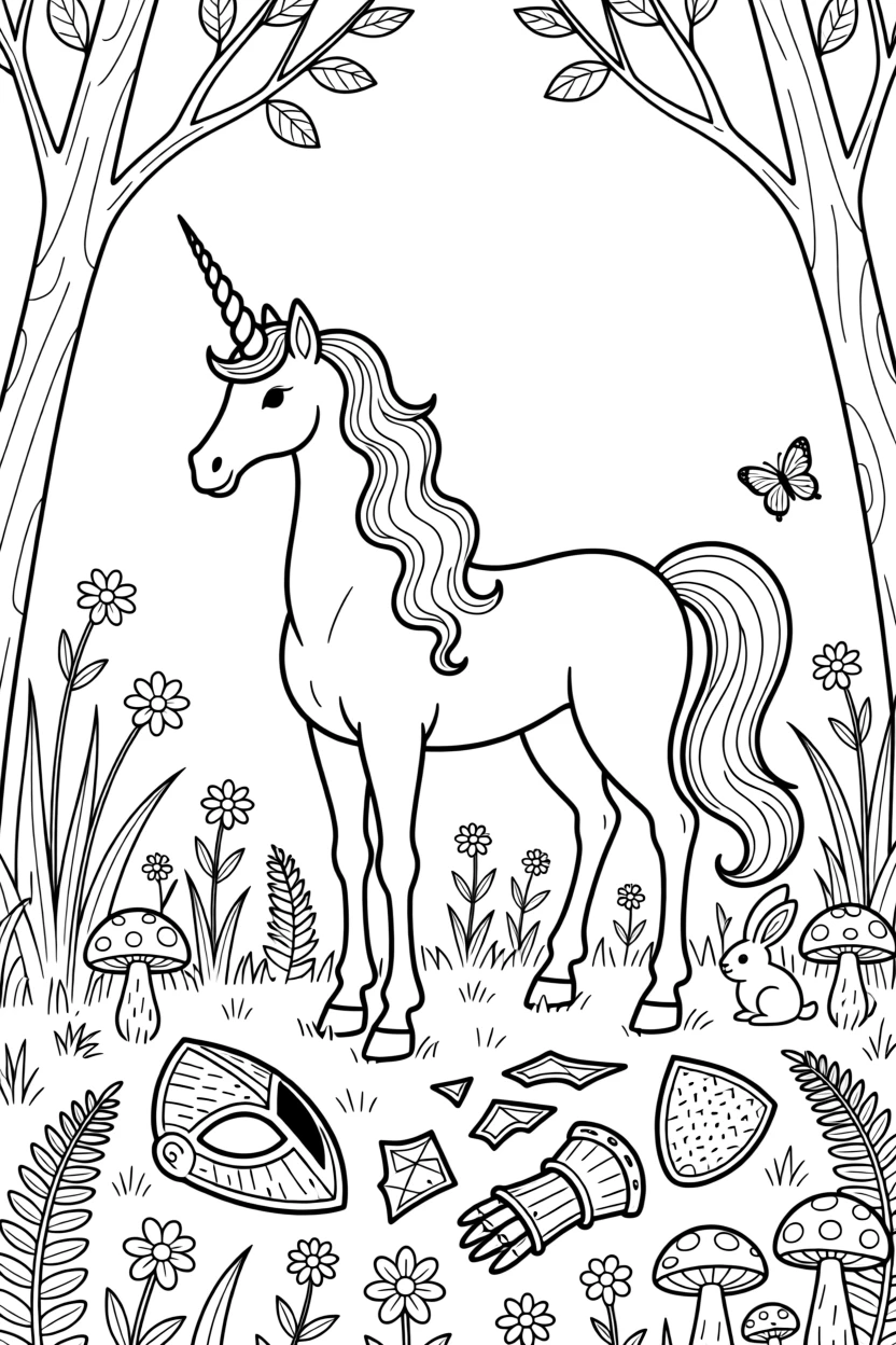 A majestic unicorn standing in an enchanted glade, with shards of broken armor scattered nearby.