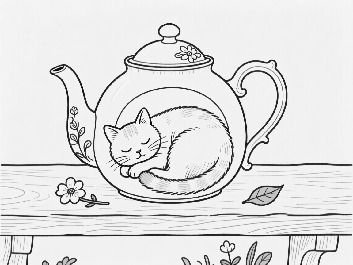 A cat curled inside an old teapot on a garden shelf