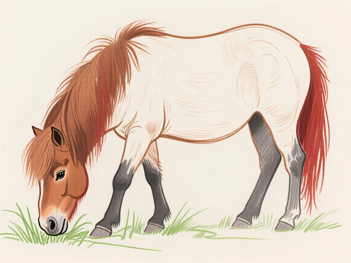 A Shetland pony grazing.