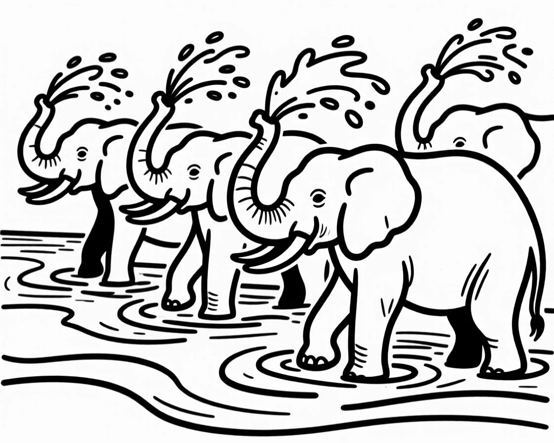 A herd of elephants bathing and spraying water in a river.