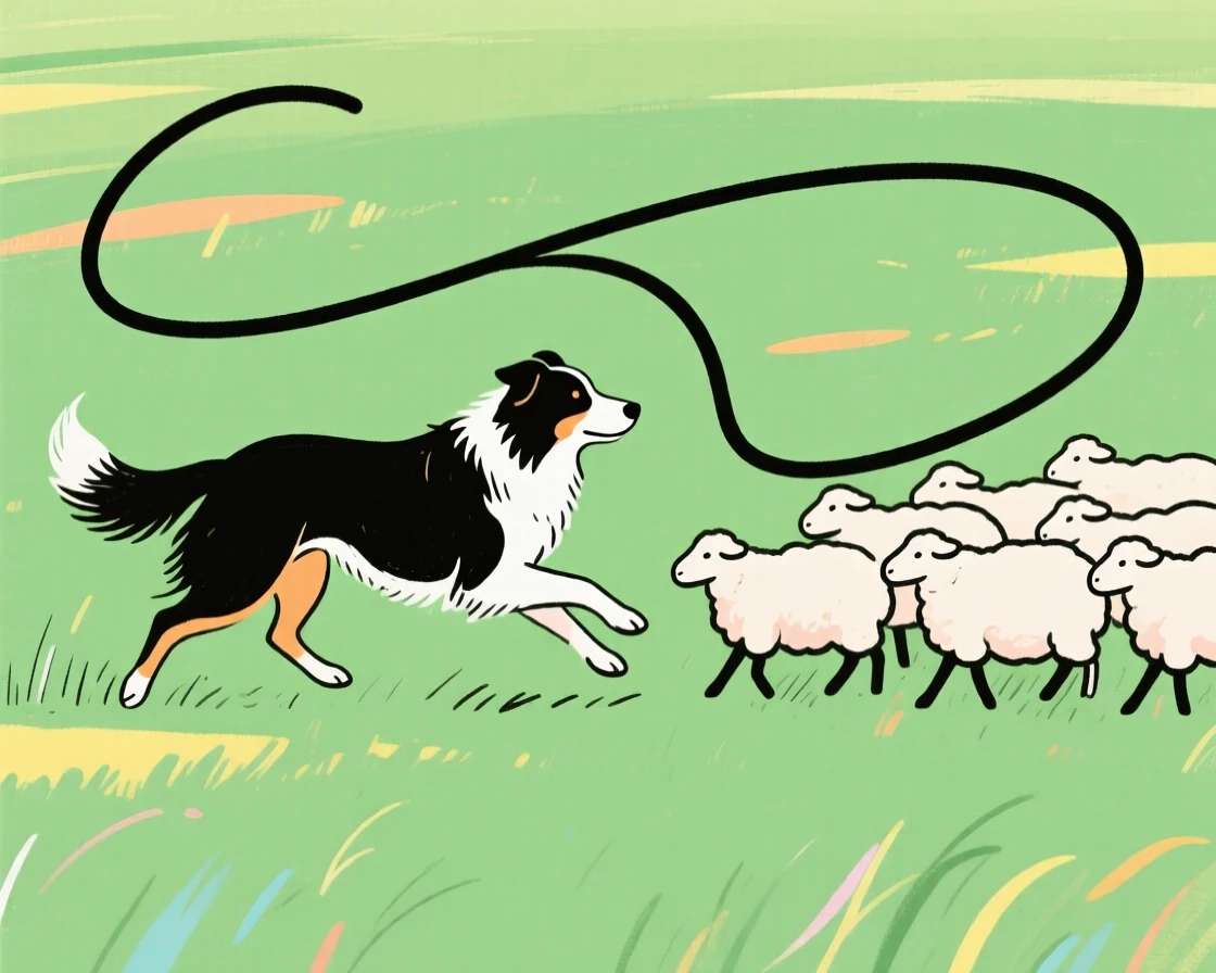 A border collie herding a small group of sheep in a green field.