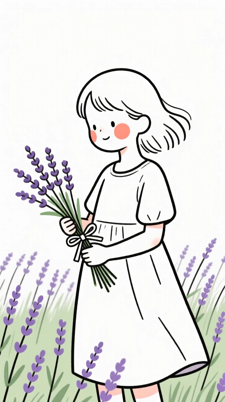 A young girl harvesting lavender in a summer field.