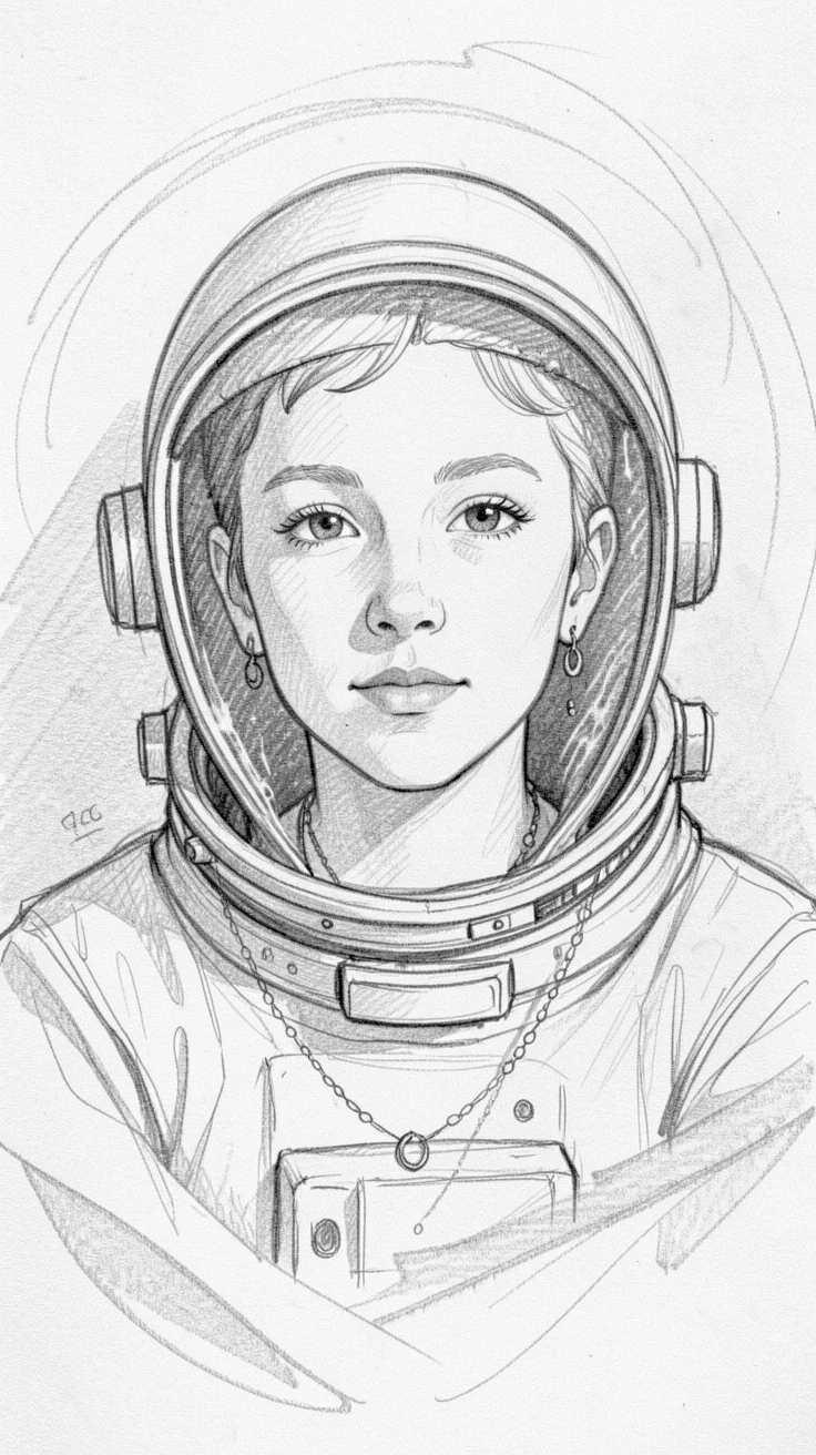 A tender portrait of a young astronaut, adorned with delicate jewelry, amid swirling desert sand.