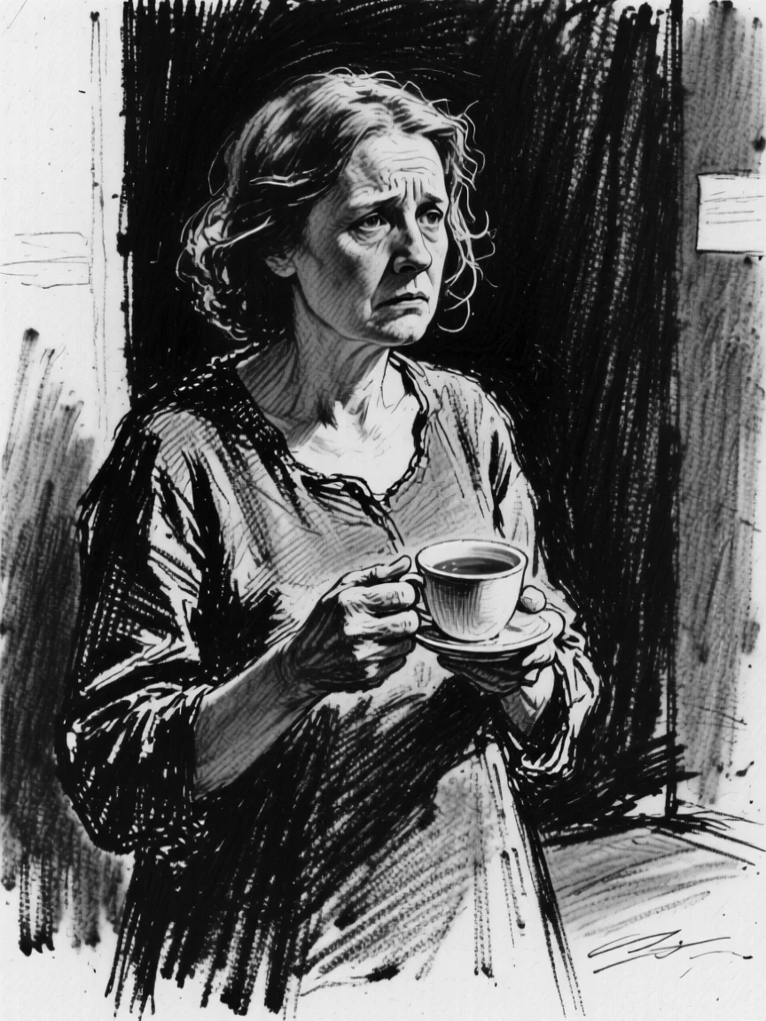 A mother holding a cup of tea with both hands, lost in memory, backstage before a performance.