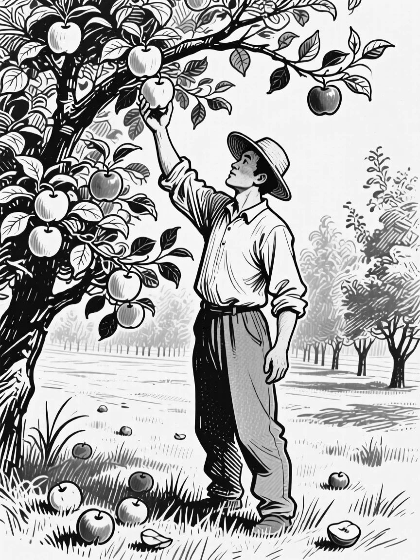 An apple picker reaching into the branches of a laden tree in a sunny orchard.