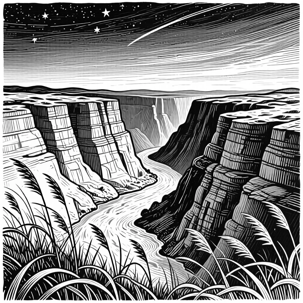 A canyon carved by centuries of water beneath a canopy of stars beginning to appear, with tall grasses bending in the wind, evoking a peaceful and untouched atmosphere in a wide, balanced composition.