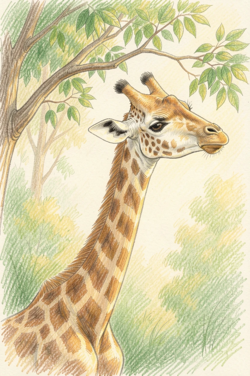 A gentle giraffe reaching for leaves in the warm afternoon sun, bathed in the warm glow of early morning or late afternoon light, radiating warmth, innocence, and gentle charm.