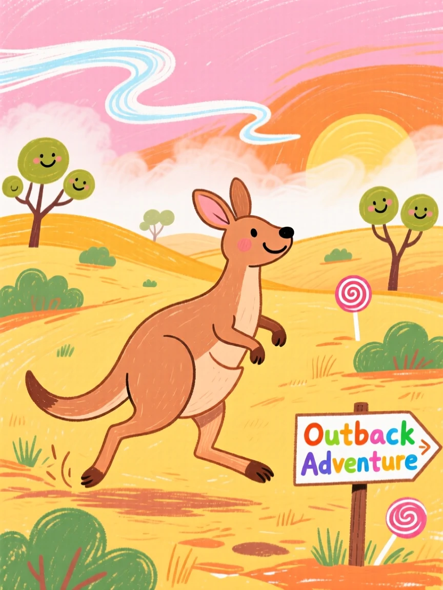 A kangaroo hopping through the outback as the morning mist rises over the savanna.