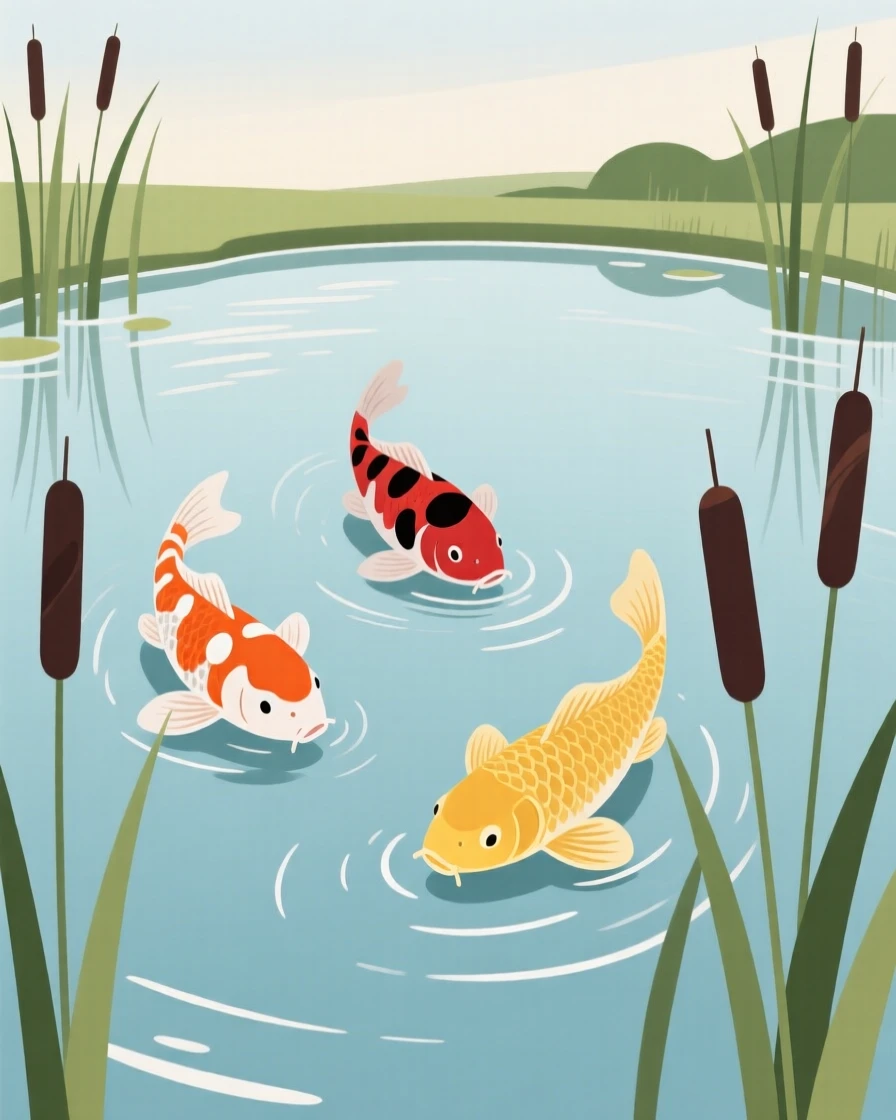 A tranquil koi pond surrounded by cattails, with gentle ripples on the surface.
