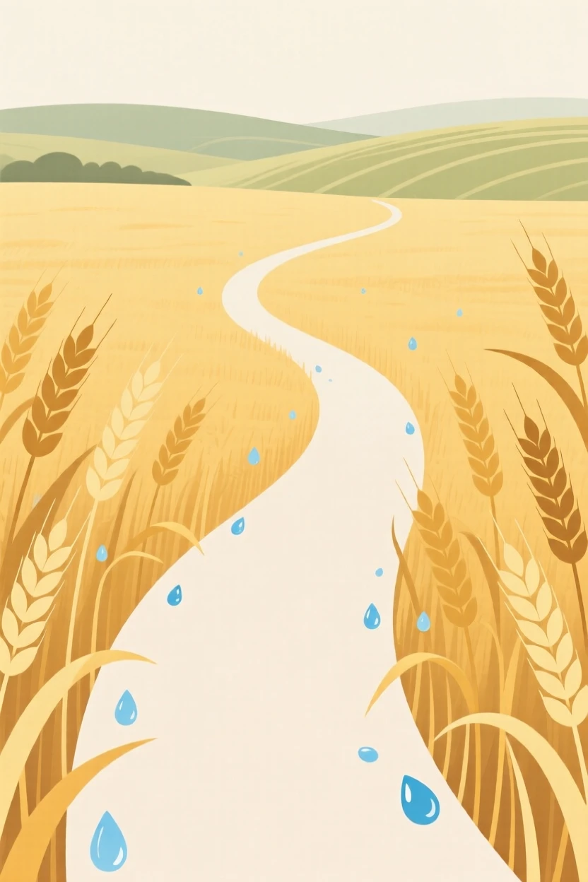 A winding path through a golden wheat field leading toward a rolling meadow, with droplets of morning dew scattered along the way, radiating raw natural power.