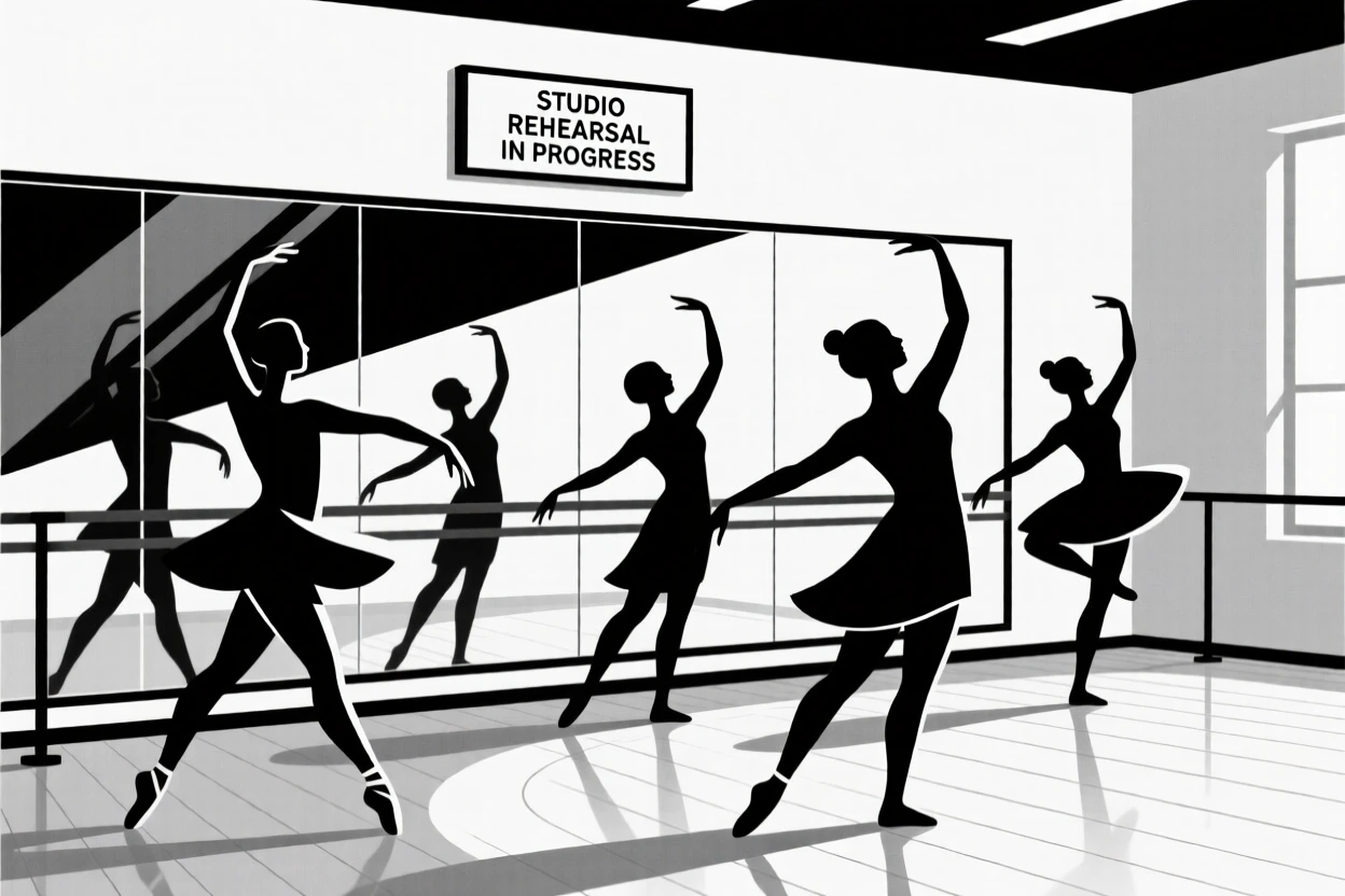 A group of dancers rehearsing in a studio mirror.