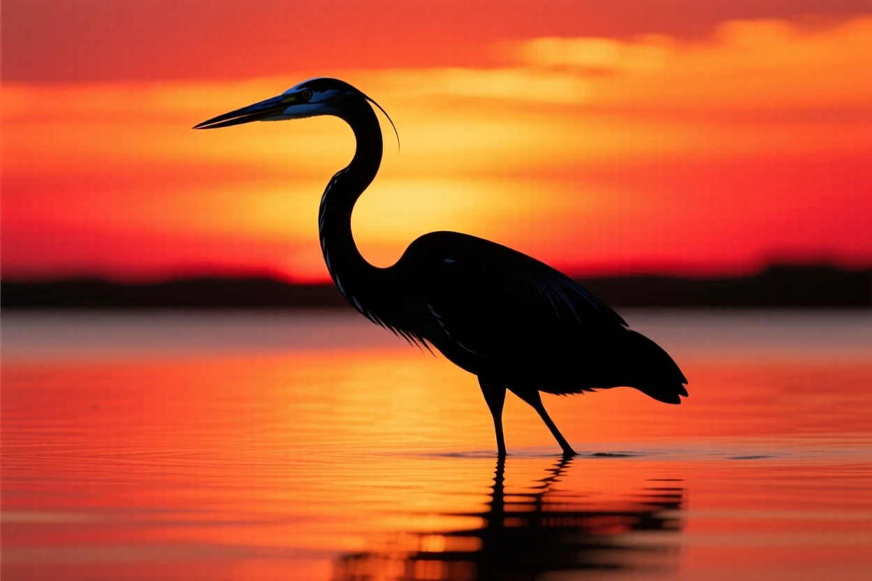 A great blue heron standing motionless in shallow water, poised to strike.