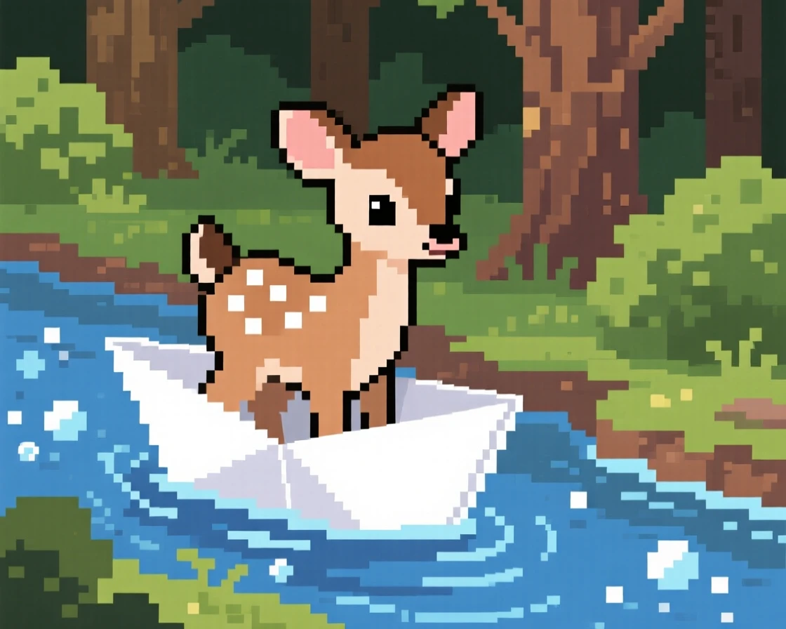 A spotted fawn riding a paper boat down a stream, beside a bubbling woodland stream.